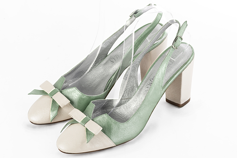 Off white and mint green women's open back shoes, with a knot. Round toe. High block heels. Front view - Florence KOOIJMAN